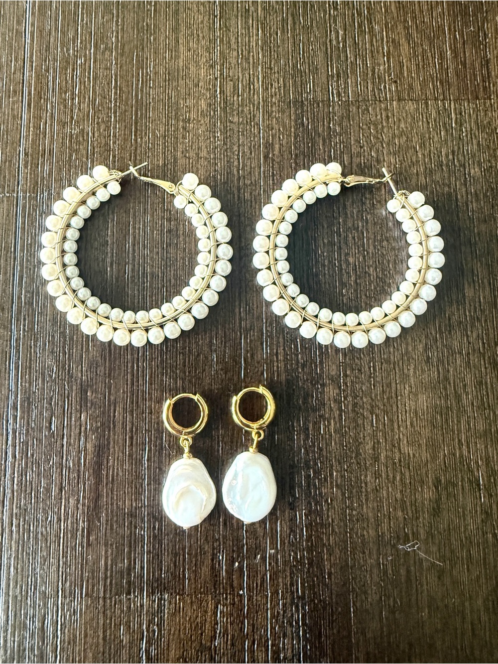 Gold Pearl Hoop Earrings & Freshwater Pearl Drop Earrings – 2 Pair Set
